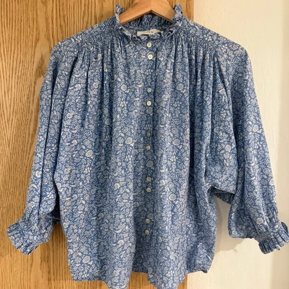 DOEN Rose Top in China Blue Mini Earl Floral Print XS like new - Picture 4 of 5